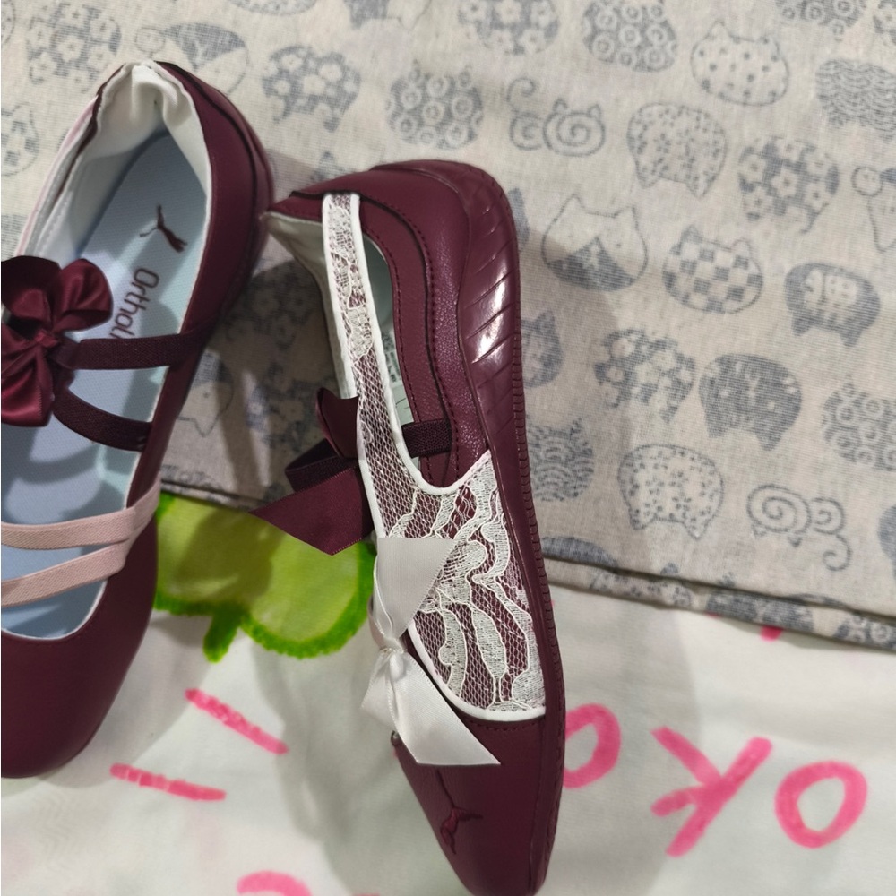 Puma Maroon and White Bow Strap Ballet Flats - Picture 6 of 8